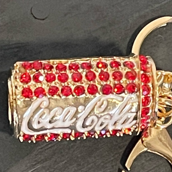 Bag Charm Coca Cola Can Keychain NEW Red Rhinestones Split Key Ring Soda Coke - Picture 3 of 8